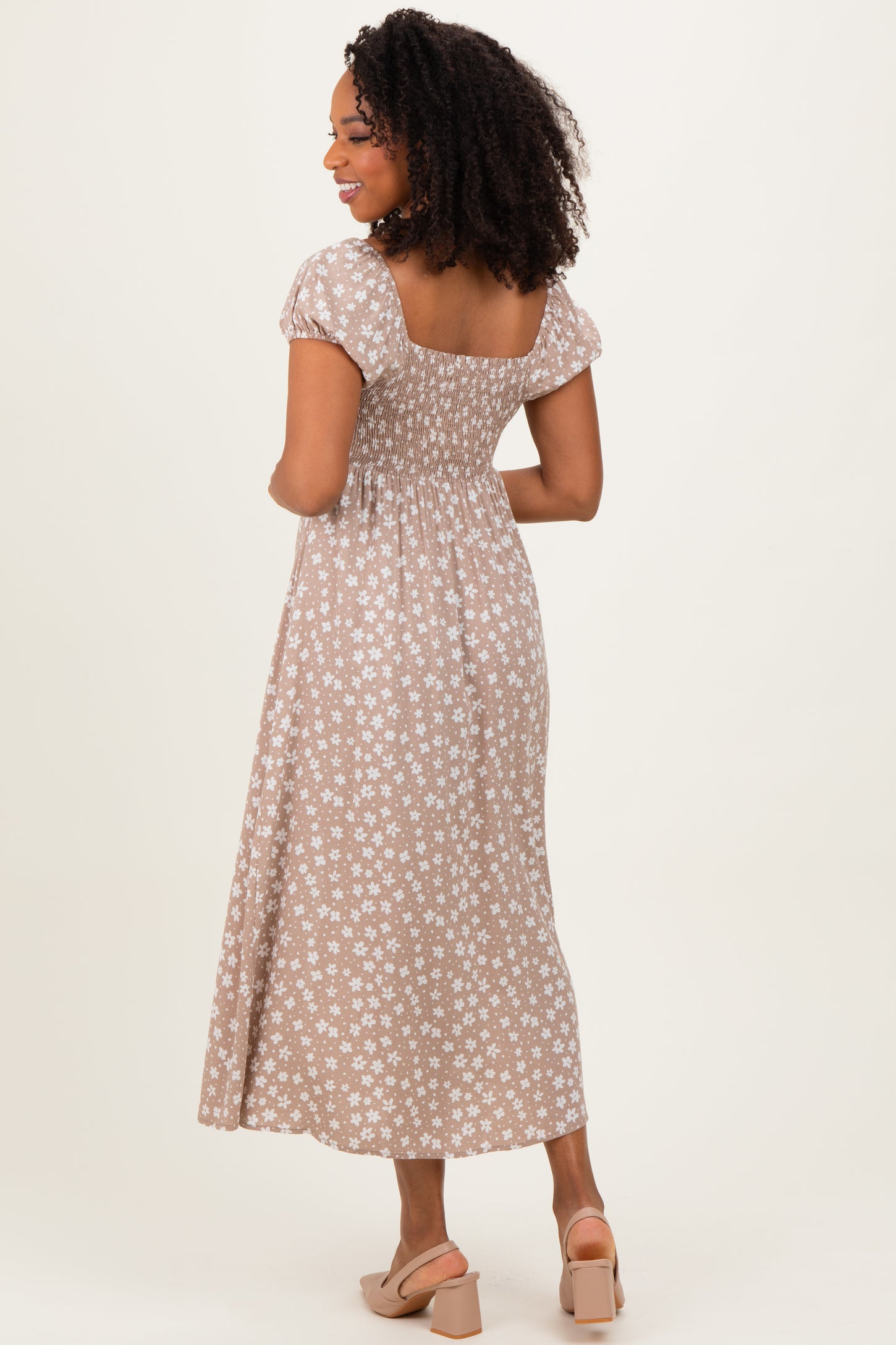 Beige Floral V-Neck Button Detail Midi Dress