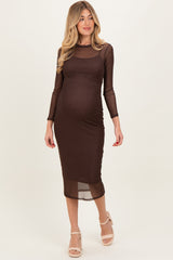 Brown Printed Mesh Long Sleeve Maternity Midi Dress