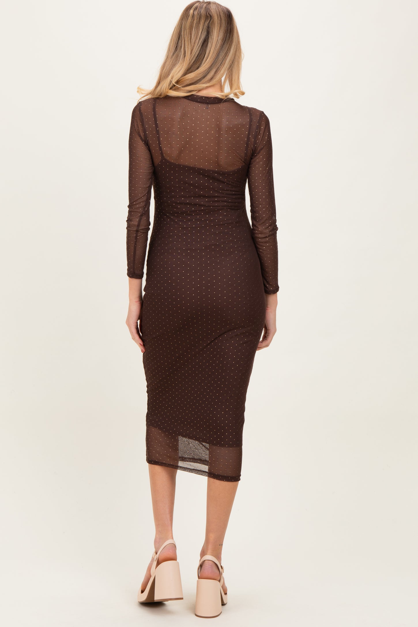 Brown Printed Mesh Long Sleeve Maternity Midi Dress