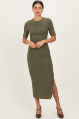 Olive Ruched Side Slit Maternity Midi Dress