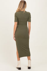 Olive Ruched Side Slit Maternity Midi Dress