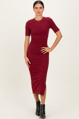 Burgundy Ruched Side Slit Midi Dress