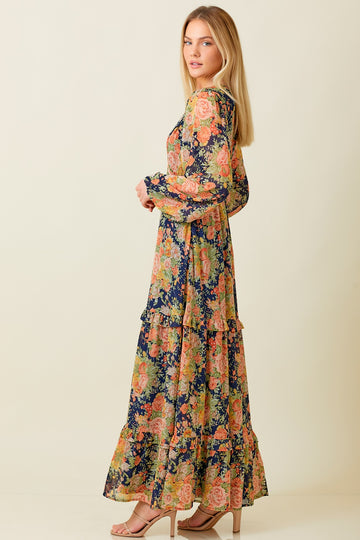 Navy Floral Deep V-Neck Tiered Maxi Dress