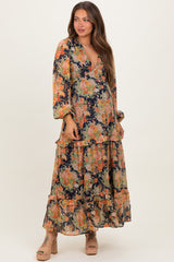 Navy Floral Deep V-Neck Tiered Maternity Maxi Dress