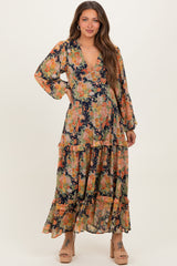 Navy Floral Deep V-Neck Tiered Maternity Maxi Dress