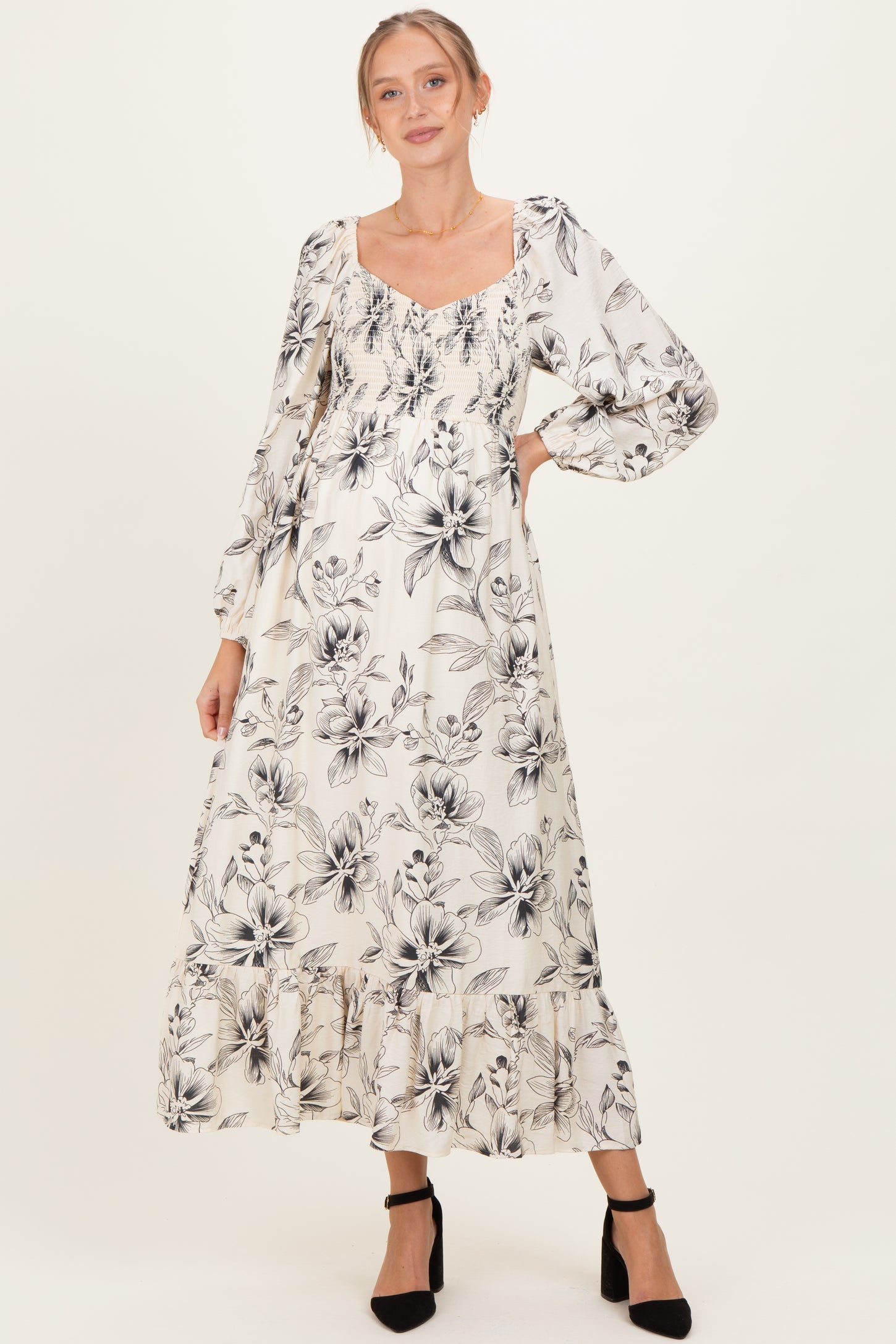 Cream Floral Smocked Long Sleeve Maternity Maxi Dress