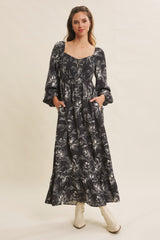 Charcoal Floral Smocked Long Sleeve Maxi Dress
