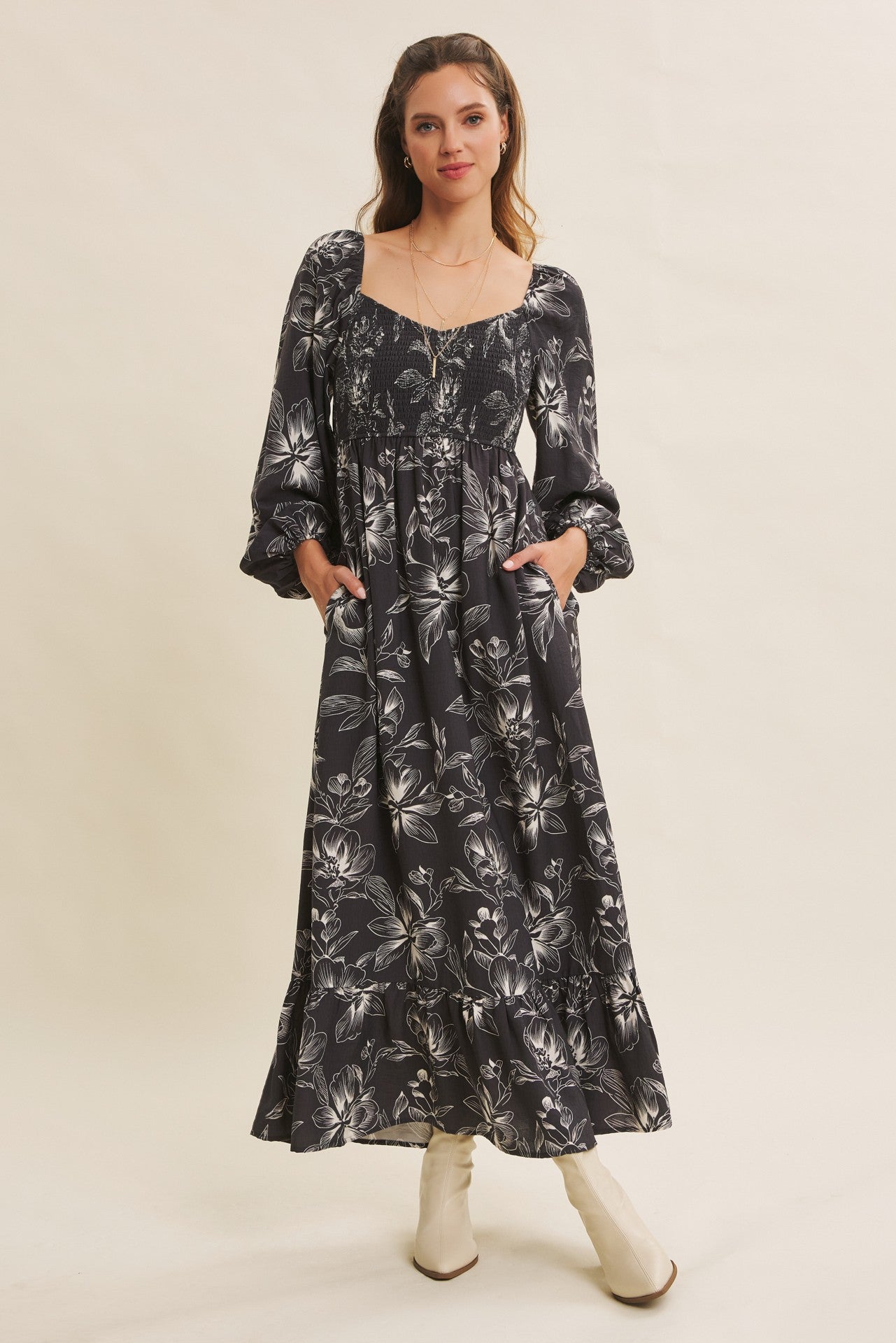 Charcoal Floral Smocked Long Sleeve Maternity Maxi Dress