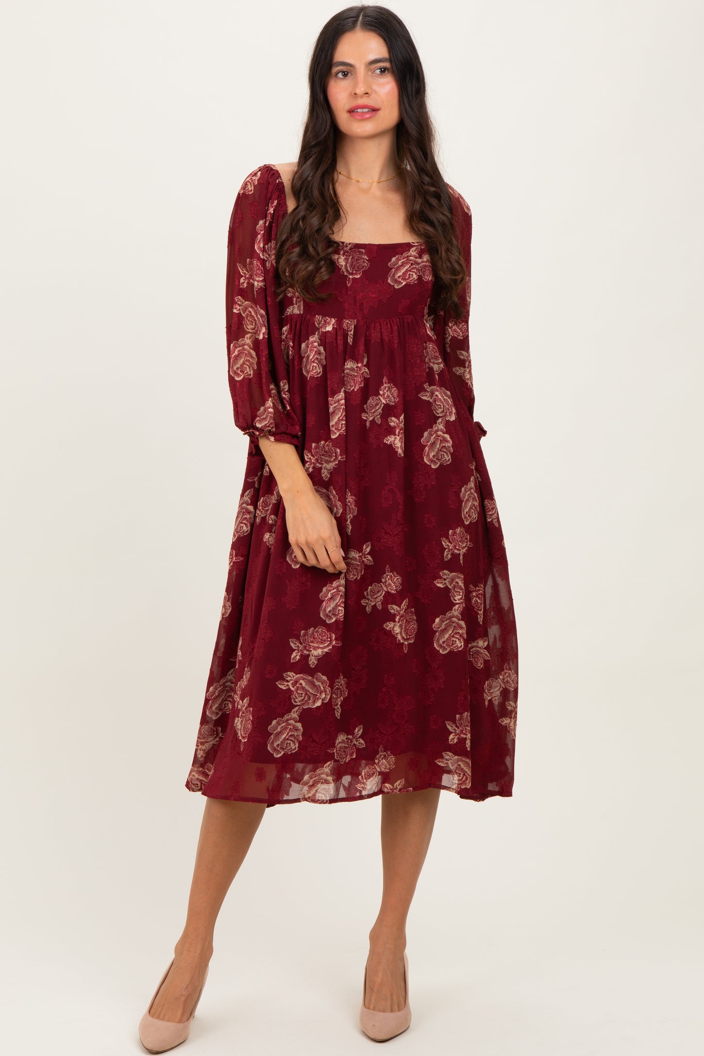 Burgundy Floral Textured Maternity Midi Dress