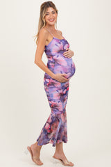 Purple Floral Ruched Fitted Maternity Midi Dress