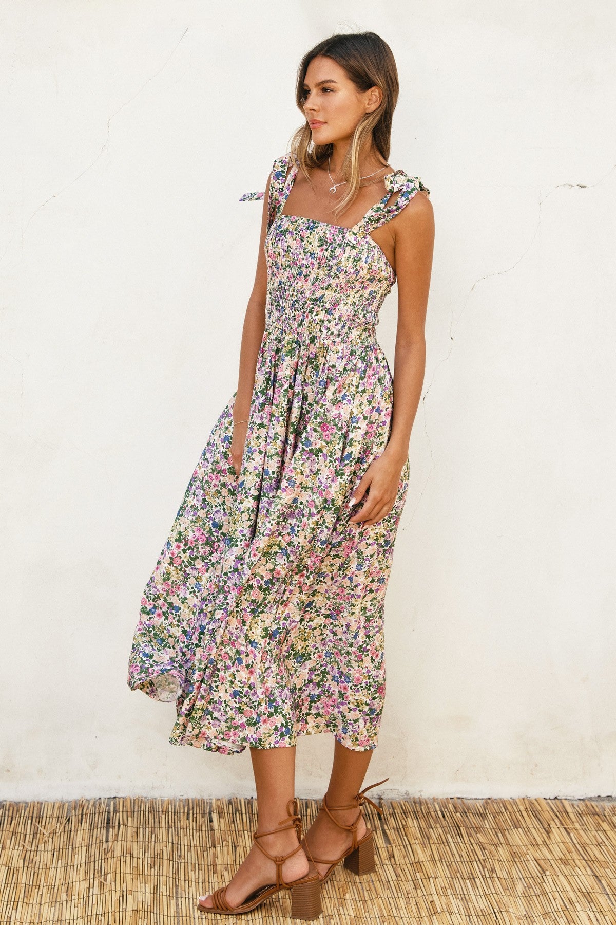 Pink Floral Smocked Shoulder Tie Midi Dress