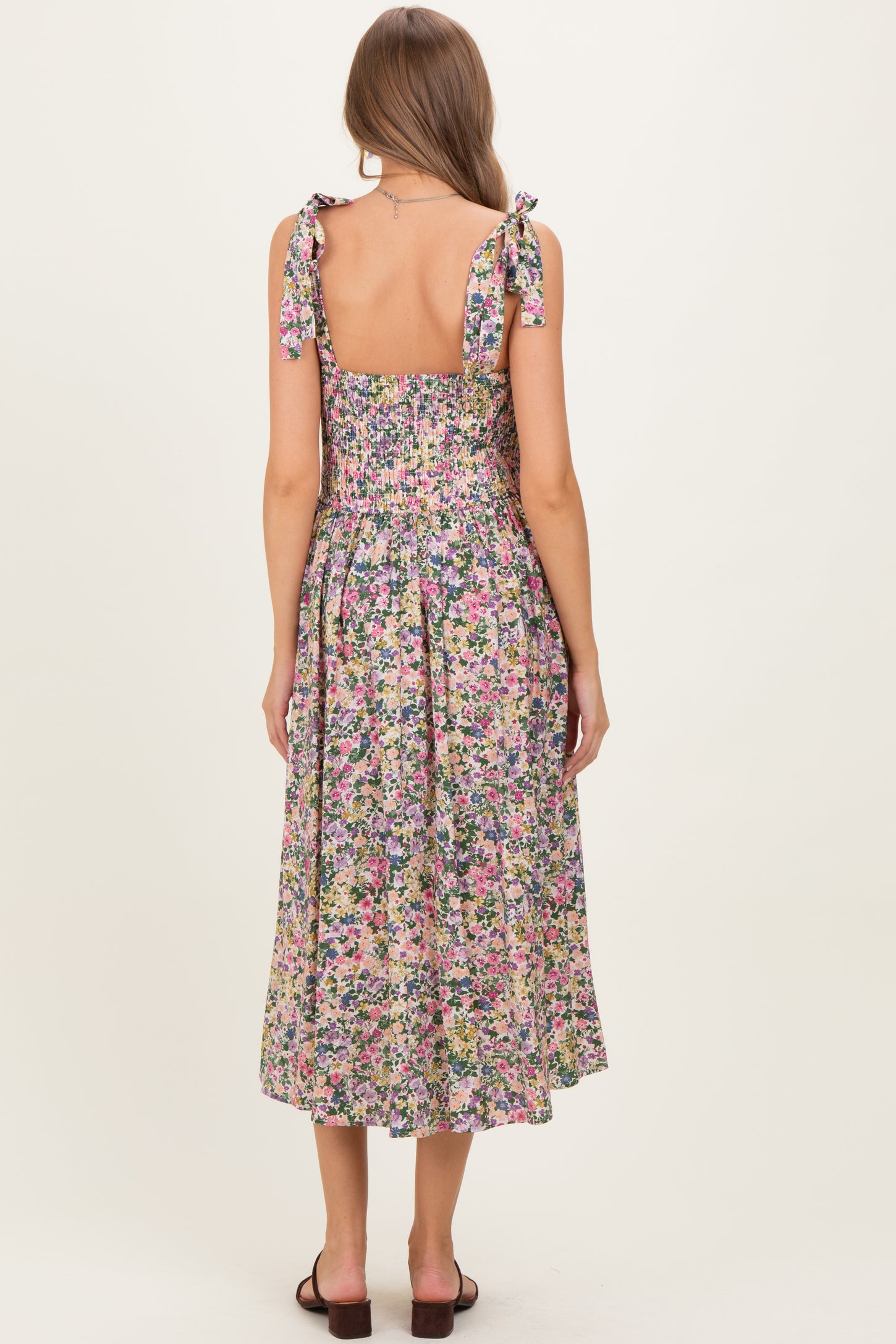 Pink Floral Smocked Shoulder Tie Maternity Midi Dress