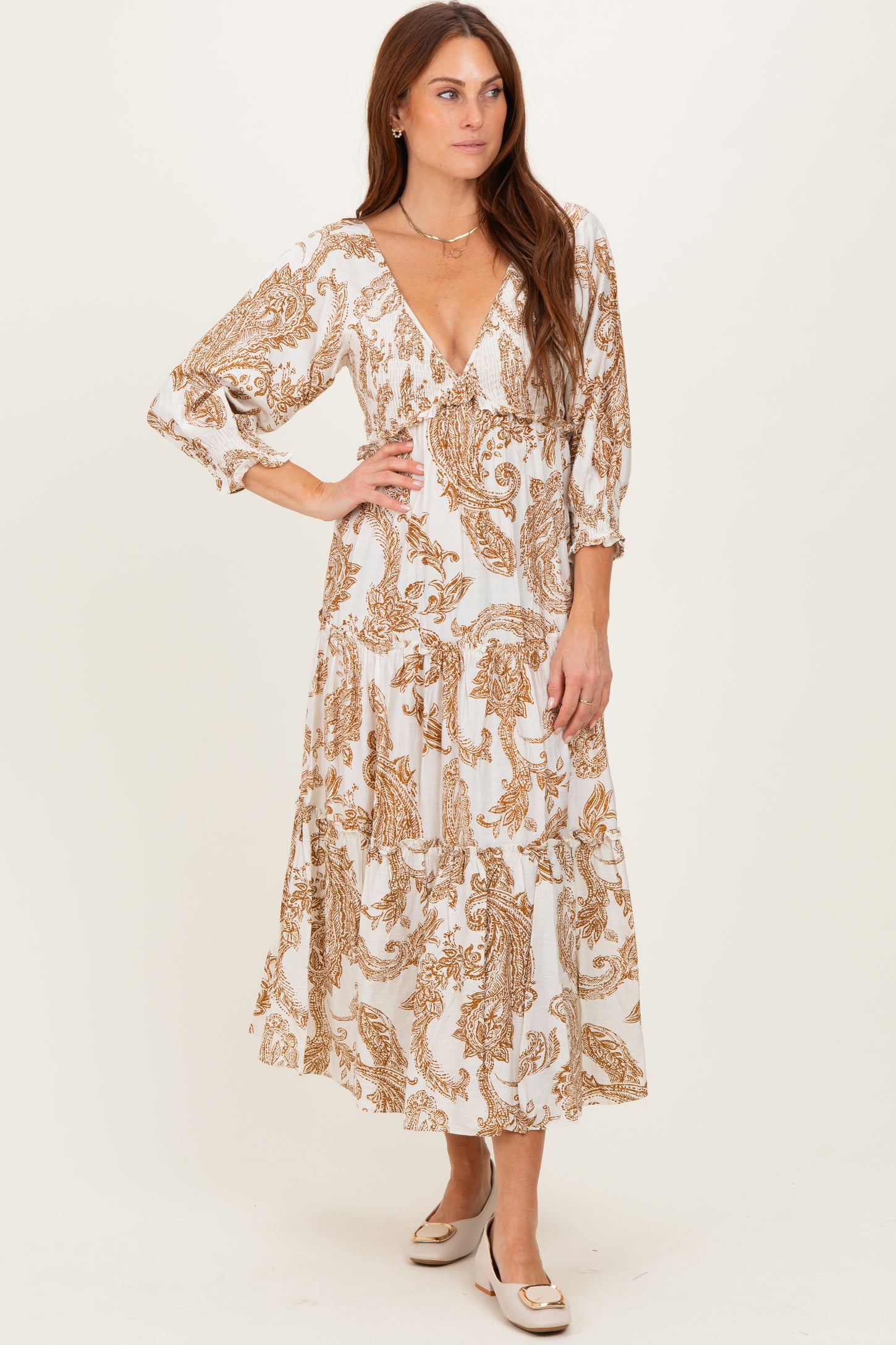 Mocha Damask Smocked Ruffle Tier Midi Dresses