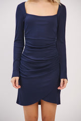 Navy Ribbed Long Sleeve Ruched Tulip Skirt Dress
