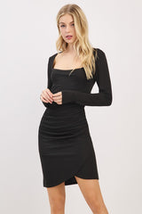 Black Ribbed Long Sleeve Ruched Tulip Skirt Maternity Dress