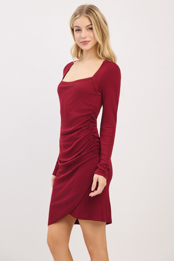 Burgundy Ribbed Long Sleeve Ruched Tulip Skirt Dress
