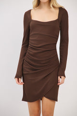 Brown Ribbed Long Sleeve Ruched Tulip Skirt Dress