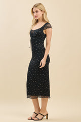 Black Floral Mesh Front Tie Cutout Midi Dress