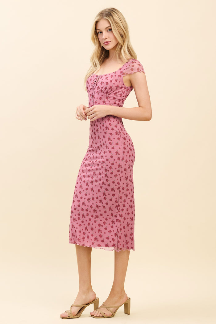Pink Floral Mesh Front Tie Cutout Midi Dress