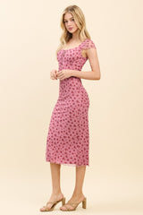 Pink Floral Mesh Front Tie Cutout Midi Dress