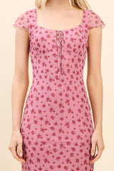 Pink Floral Mesh Front Tie Cutout Midi Dress