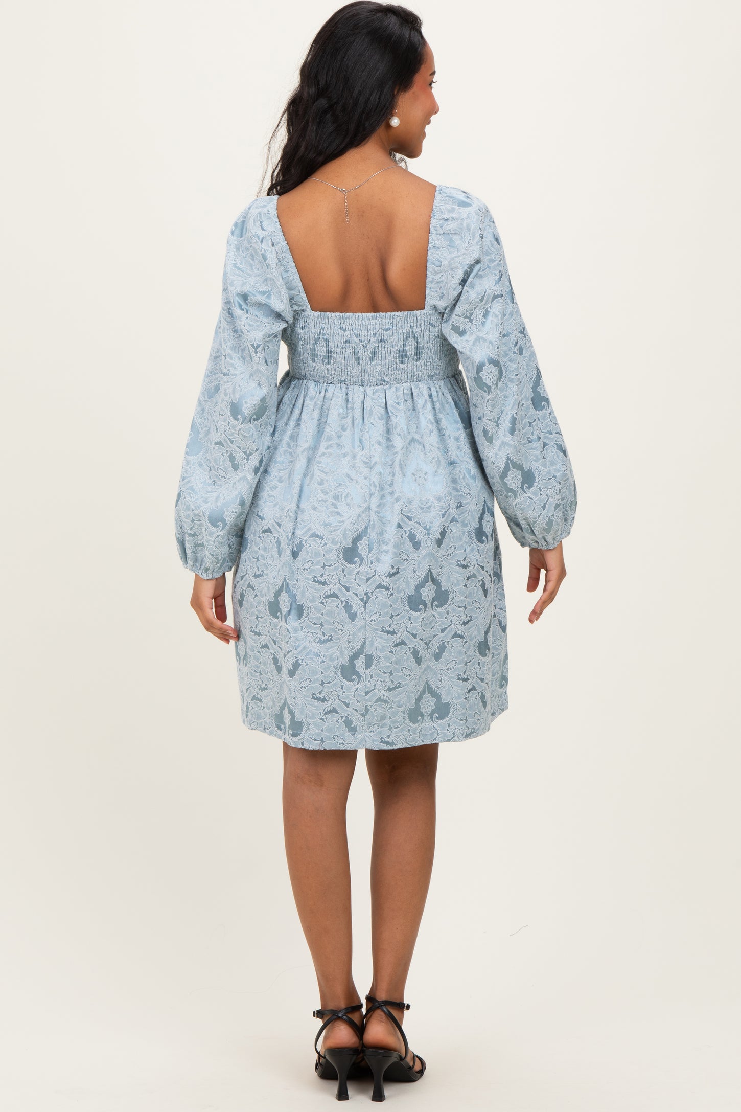Light Blue Damask Jacquard Long Sleeve Maternity Dress