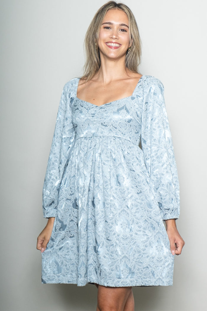 Light Blue Damask Jacquard Long Sleeve Maternity Dress