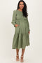 Olive Textured Stripe Smocked Maternity Midi Dress