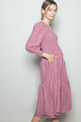 Mauve Textured Stripe Smocked Midi Dress