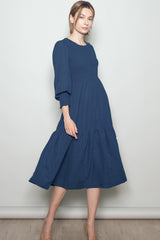 Navy Textured Stripe Smocked Maternity Midi Dress