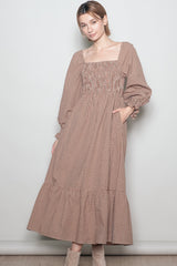 Chestnut Plaid Square Neck Long Sleeve Maxi Dress