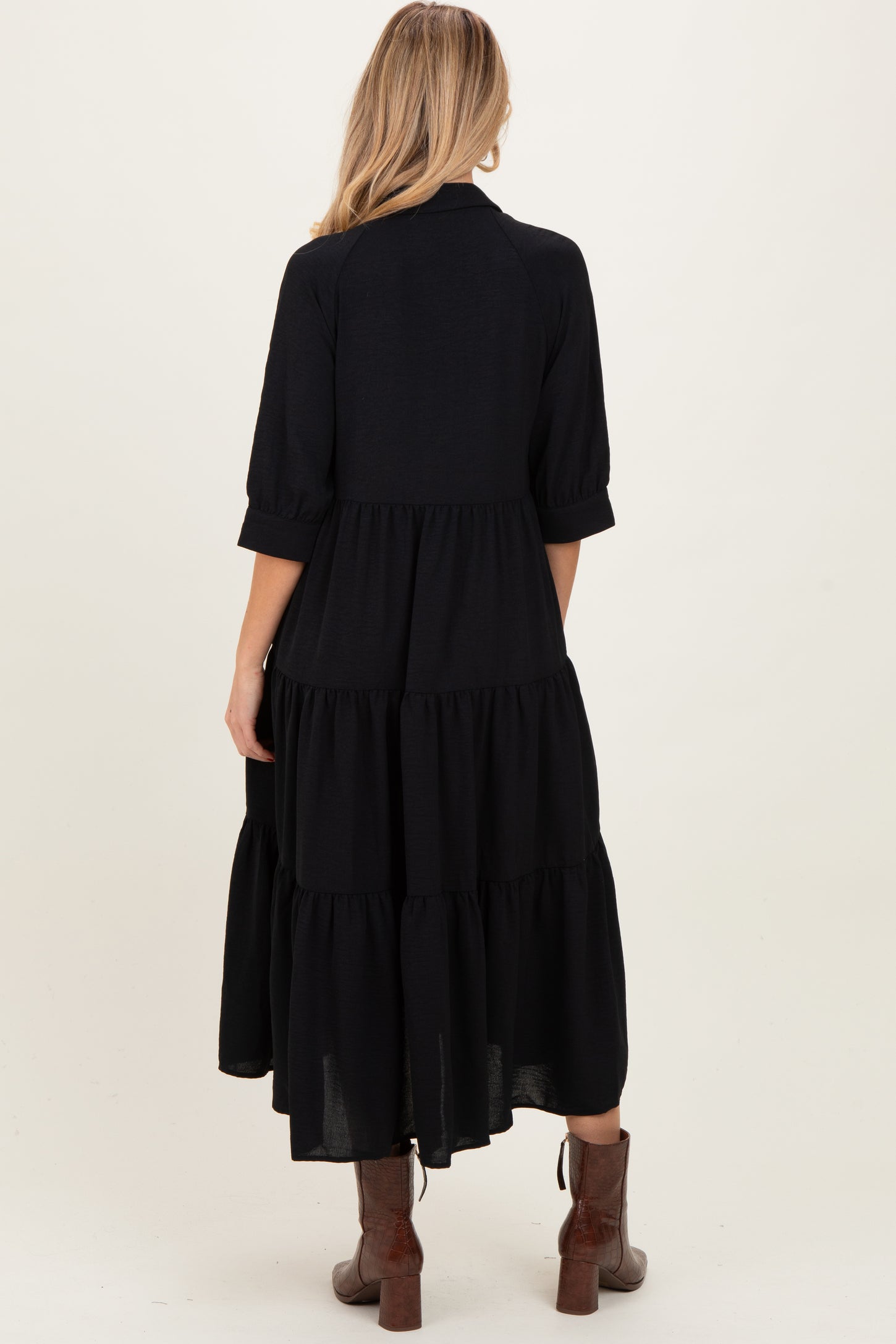 Black Collared Button Up Tiered Maternity Midi Dress
