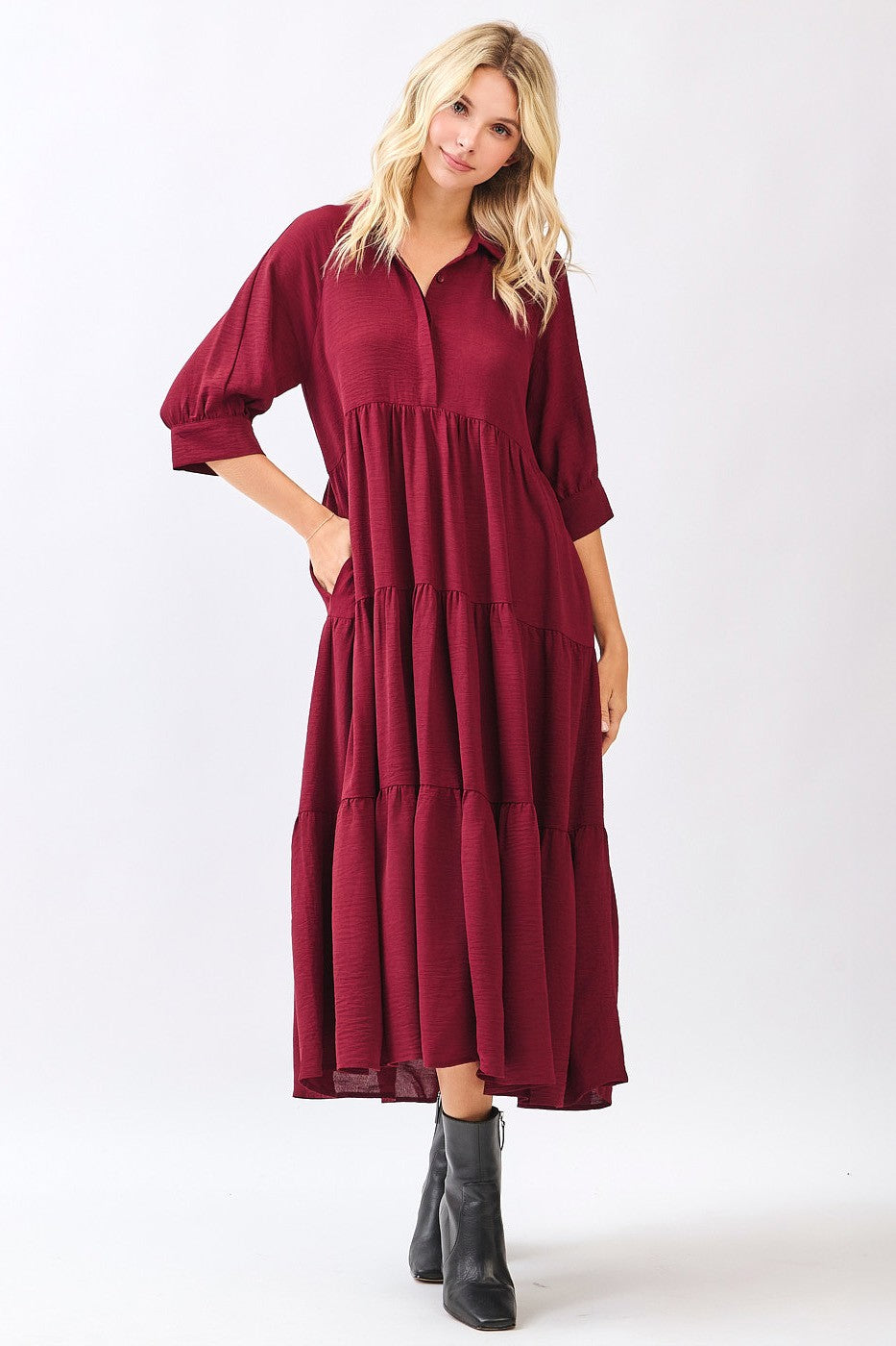Wine Collared Button Up Tiered Maternity Midi Dress