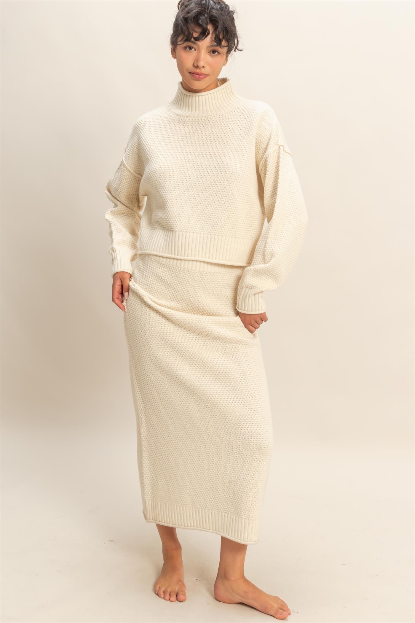 Cream Waffle Knit High Neck Sweater Skirt Set