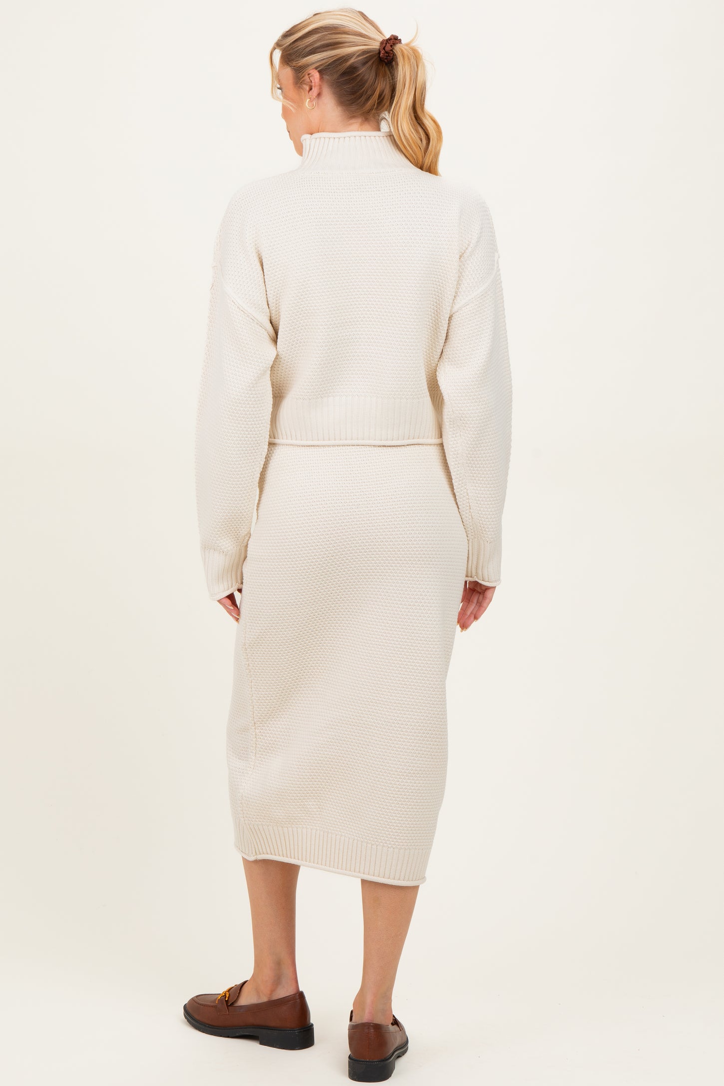 Cream Waffle Knit High Neck Sweater Skirt Maternity Set