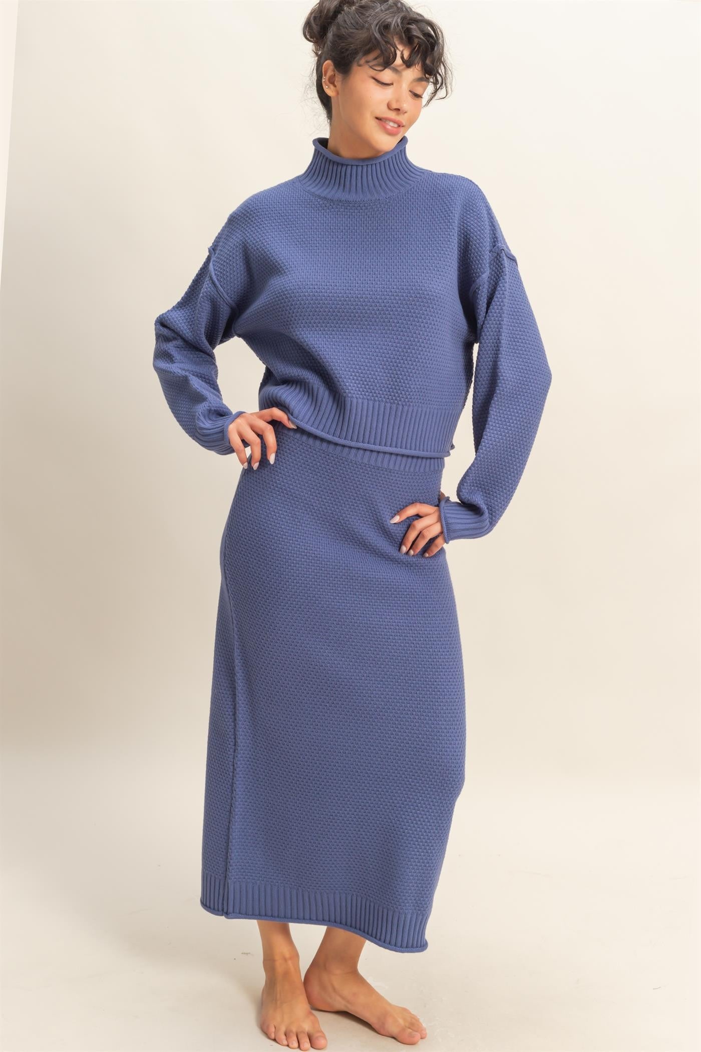 Dusty Navy Waffle Knit High Neck Sweater Skirt Maternity Set