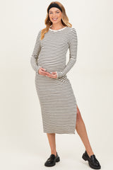 Cream Striped Long Sleeve Maternity Midi Dress