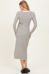 Cream Striped Long Sleeve Maternity Midi Dress
