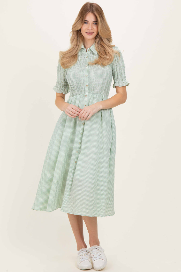 Sage Gingham Smocked Button Down Maternity Midi Dress
