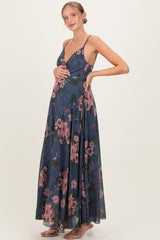 Dusty Blue Floral V-Neck Sleeveless Maternity Maxi Dress