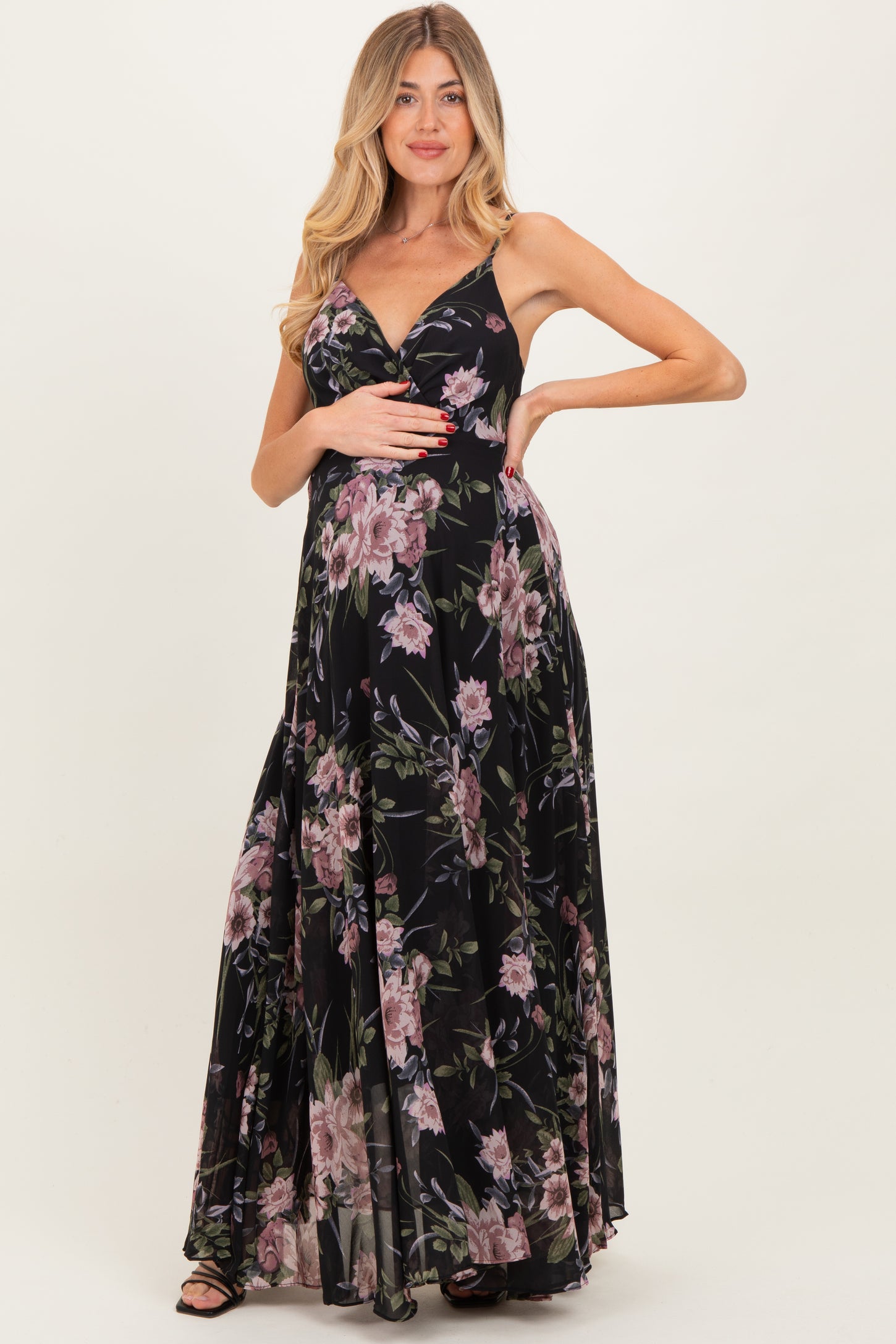 Black Floral V-Neck Sleeveless Maternity Maxi Dress