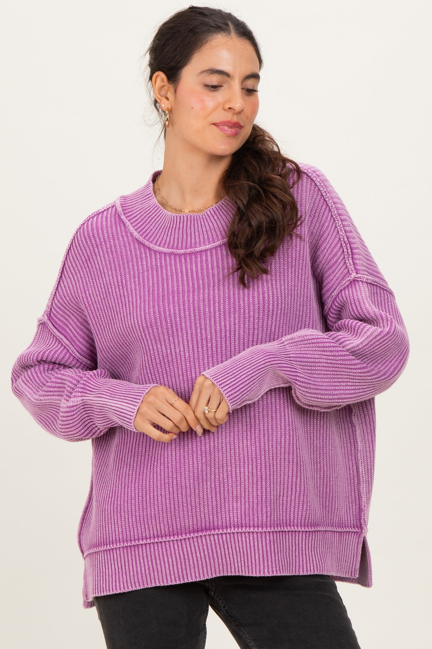 Violet Washed Side Slit Oversized Sweater
