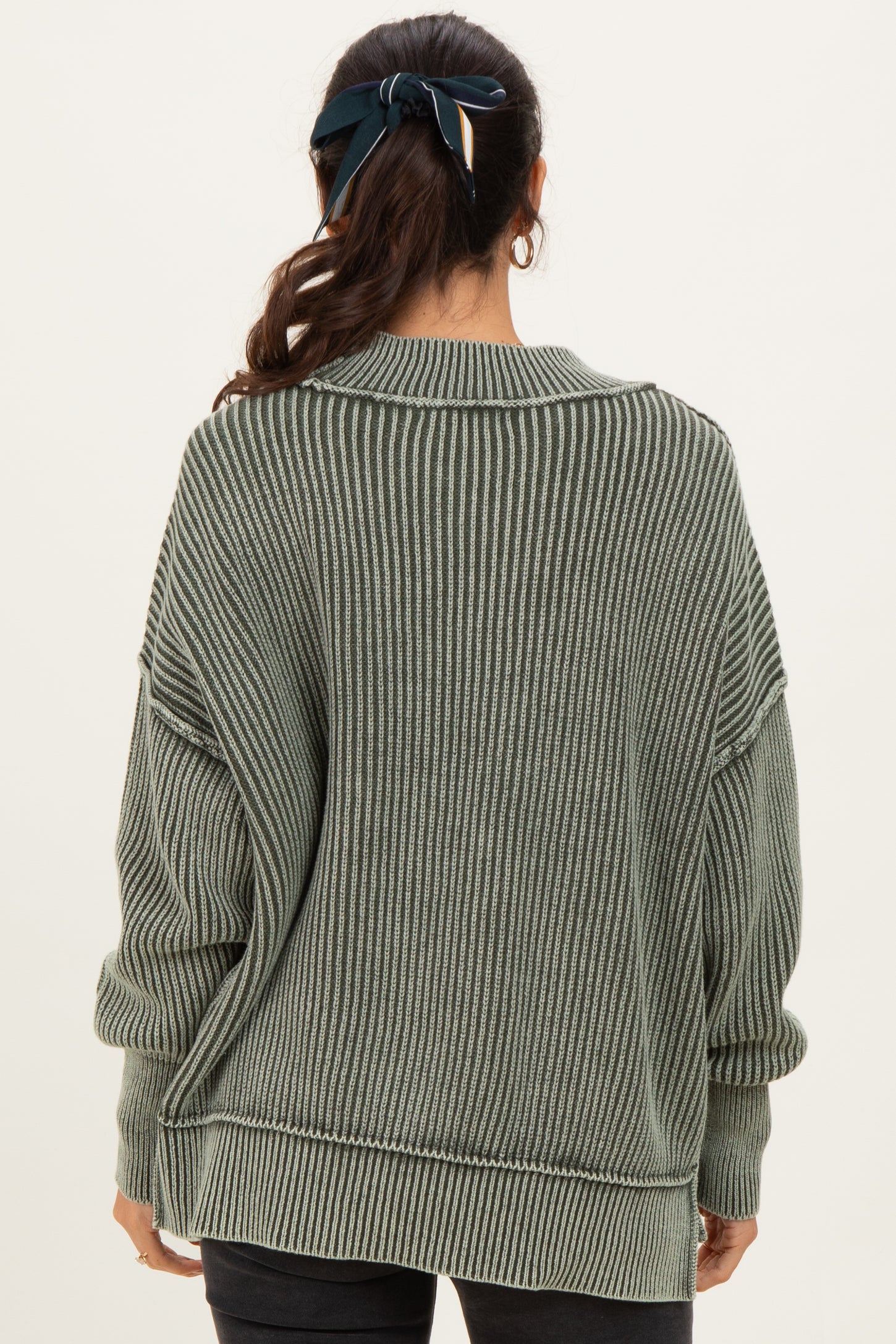 Olive Washed Side Slit Oversized Sweater