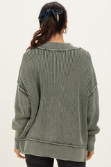 Olive Washed Side Slit Oversized Sweater