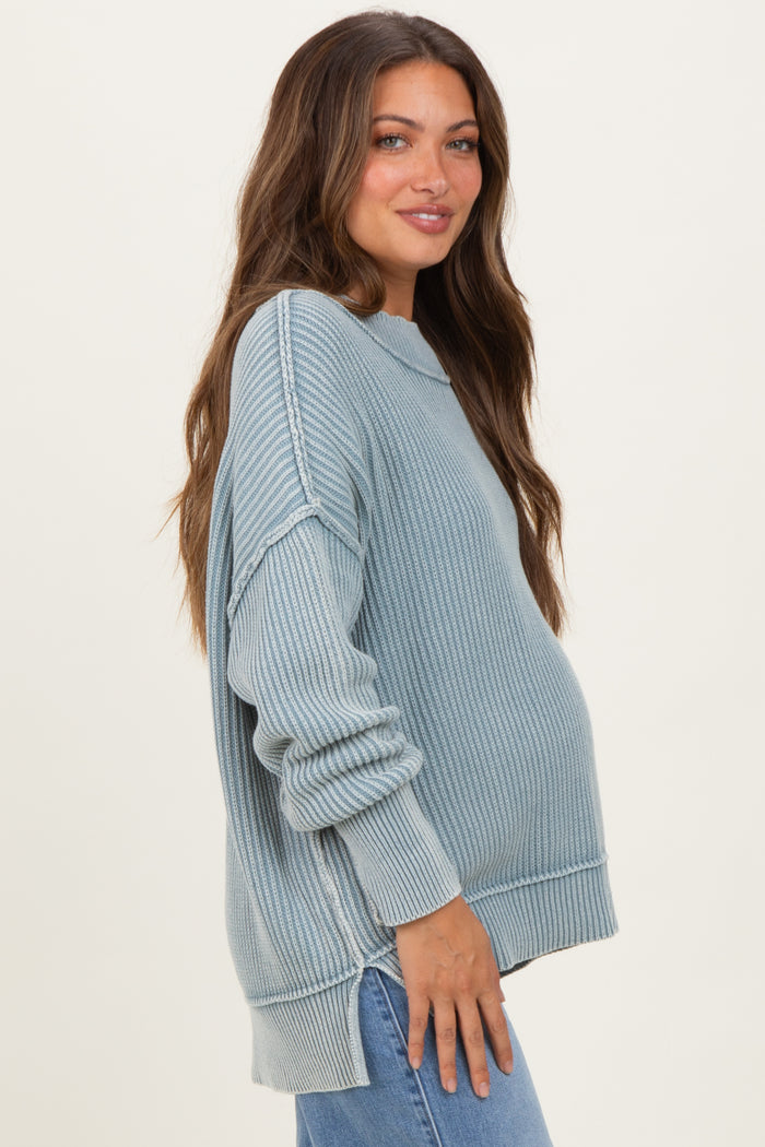 Light Blue Washed Side Slit Oversized Maternity Sweater
