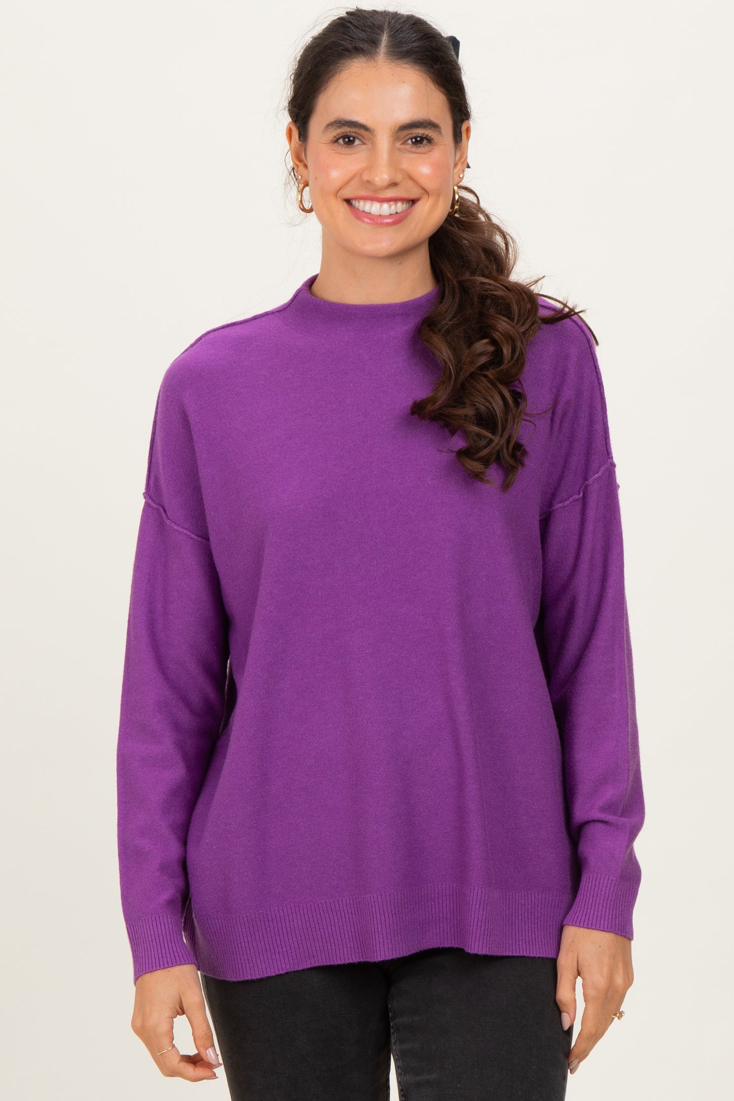 Violet Mock Neck Exposed Seam Sweater