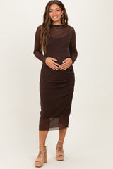 Brown Shimmer Mesh Long Sleeve Ruched Maternity Midi Dress
