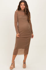 Mocha Shimmer Mesh Long Sleeve Ruched Maternity Midi Dress