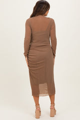 Mocha Shimmer Mesh Long Sleeve Ruched Maternity Midi Dress
