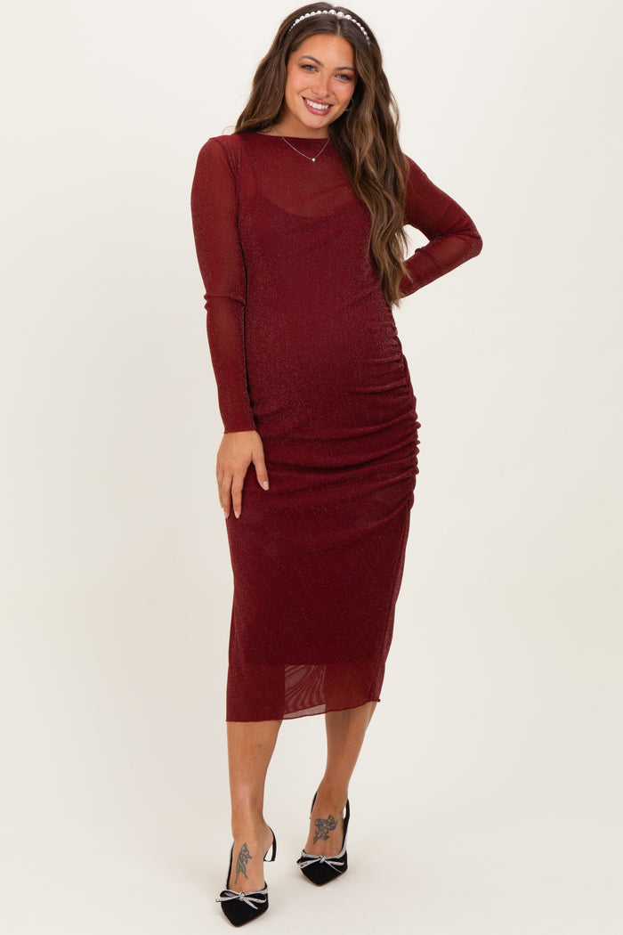 Burgundy Shimmer Mesh Long Sleeve Ruched Maternity Midi Dress